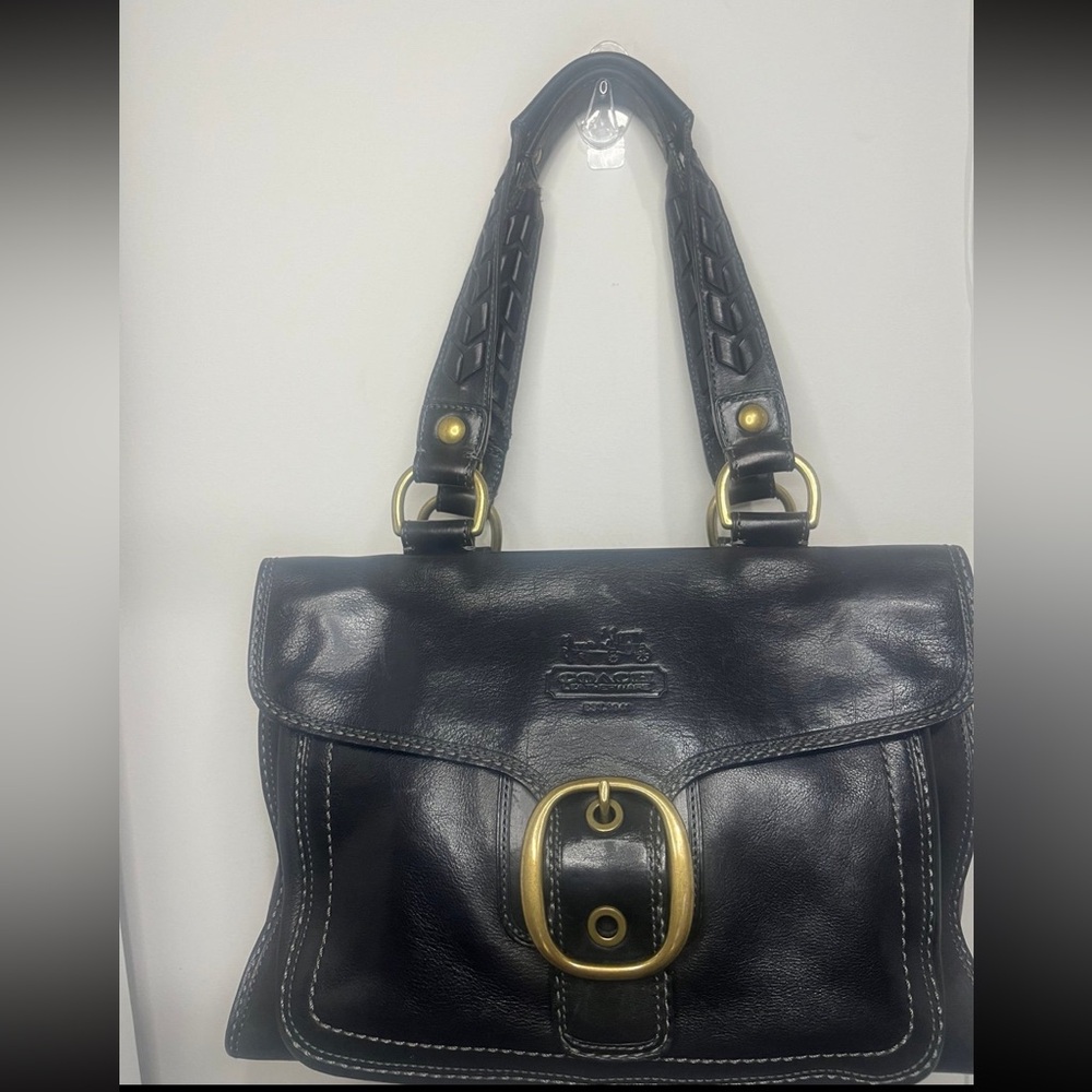 Coach Bleecker Tattersall Legacy black leather flap satchel